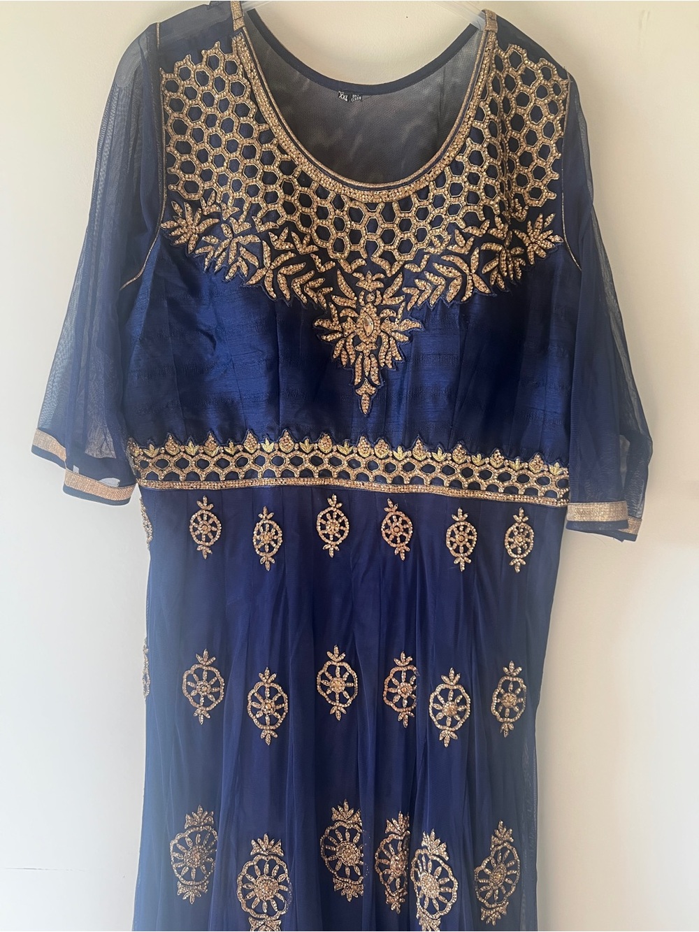 Dark Blue Maxi Dress with Gold Embroidered Detail